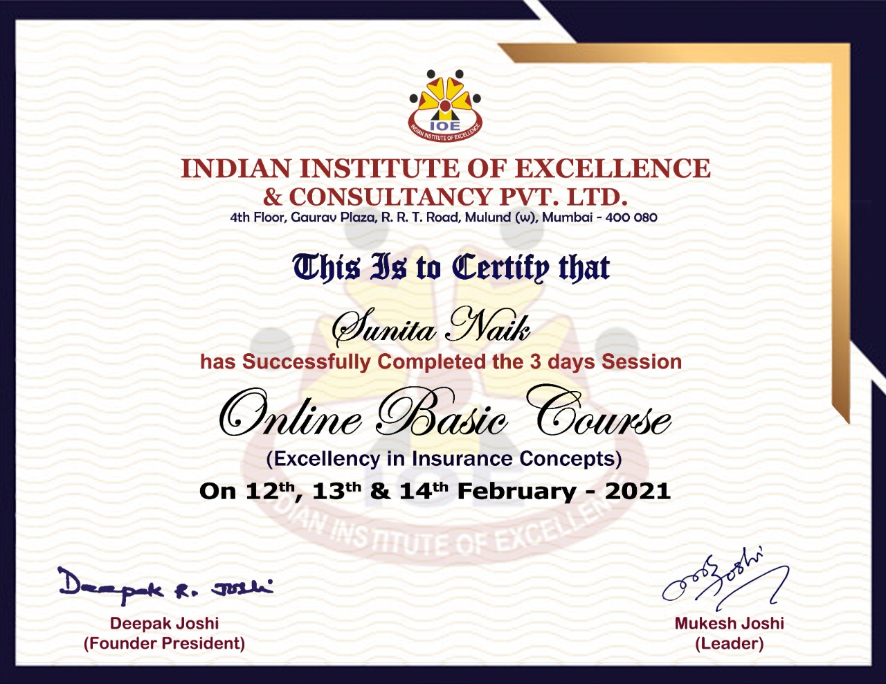 COMPLETED 3 FULL DAY COURSE OF IMPORTANCE OF LIFE INSURANCE AND HUMAN LIFE VALUE.