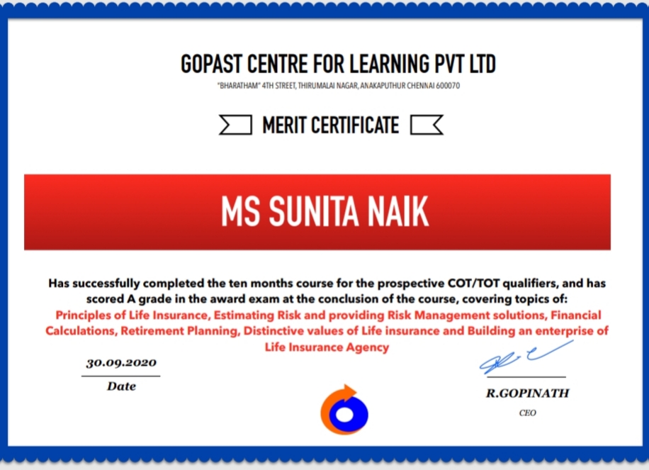 COMPLETED COURSE OF IMPORTANCE OF RETIREMENT PLANNING, CHILD EDUCATION PLANNING.