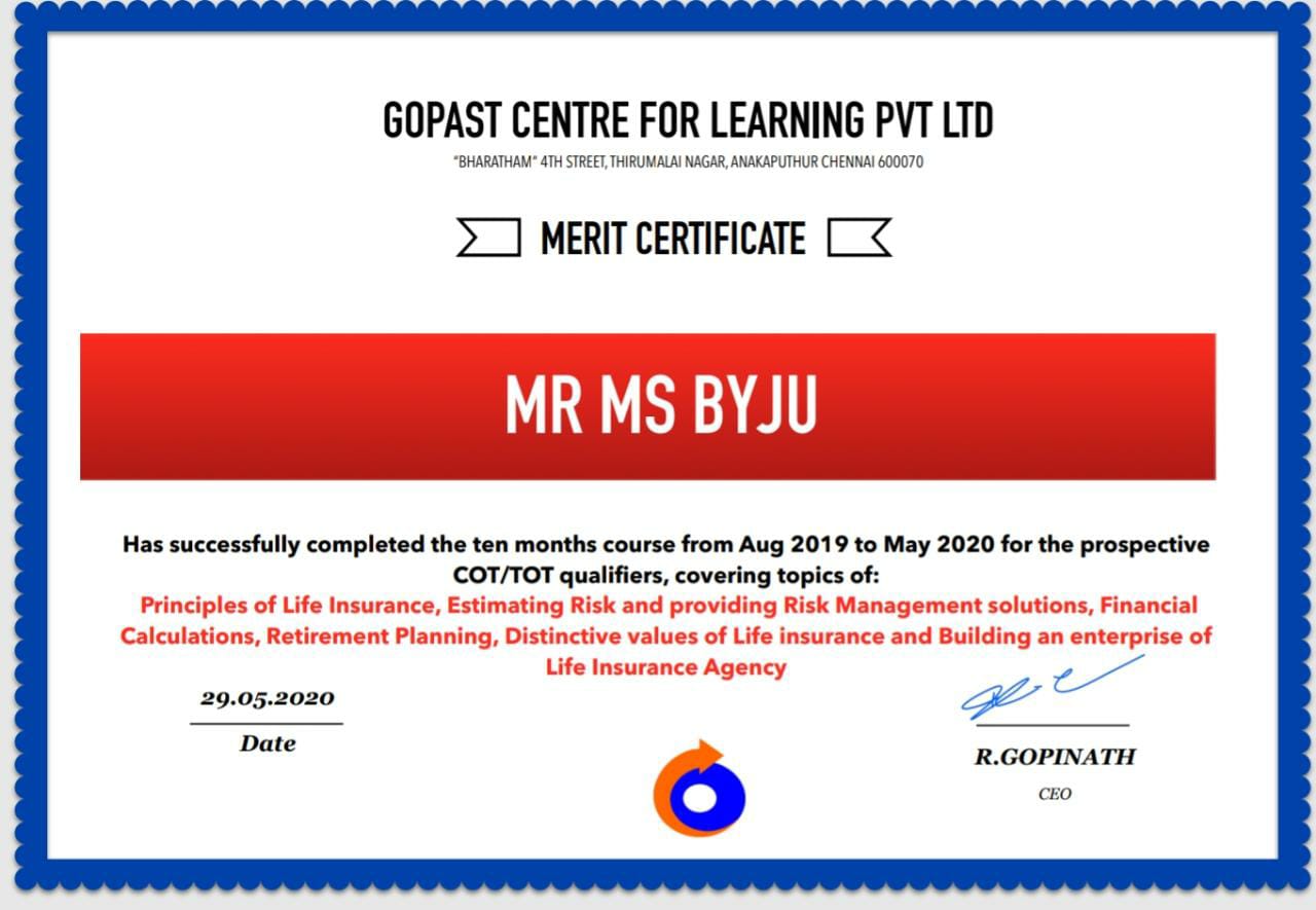 CERTIFICATE OF FINANCIAL PLANNING COURSE