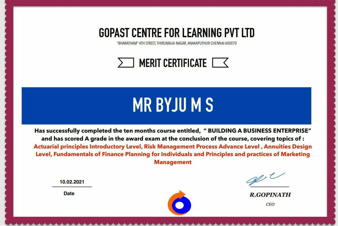 CERTIFICATE OF FINANCIAL PLANNING COURSE FOR INDIVIDUALS