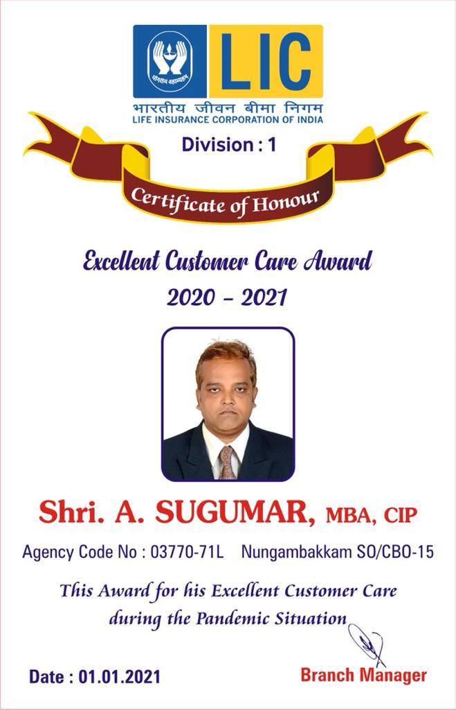 LIC customer care award 2020-2021