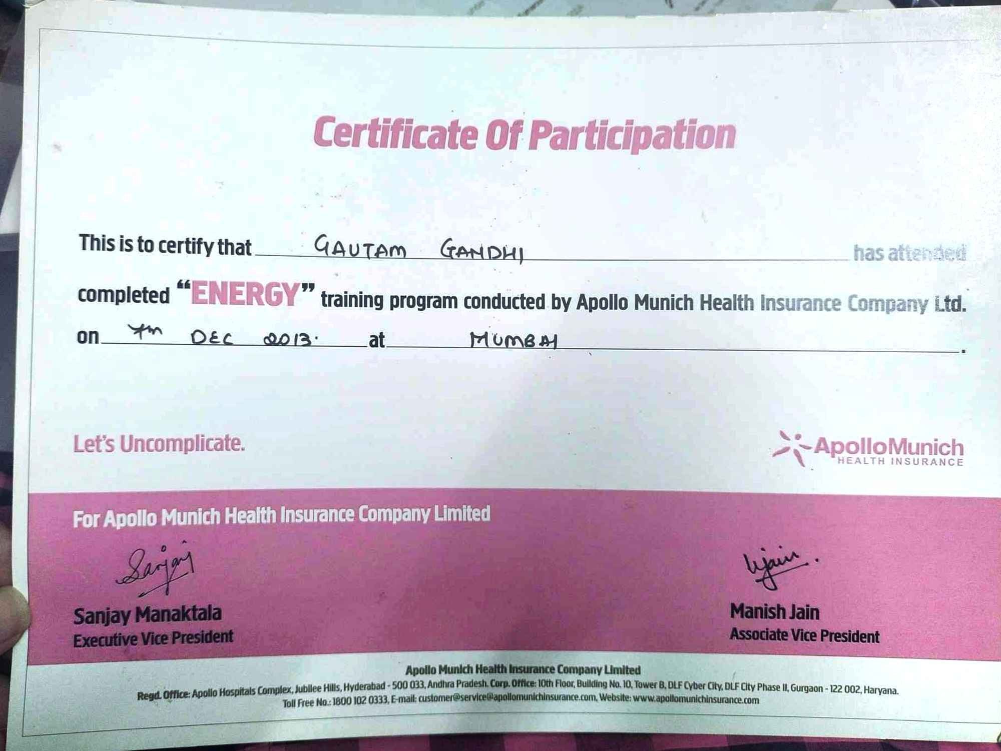 Attended Apollo Munich Health ENERGY Training Program