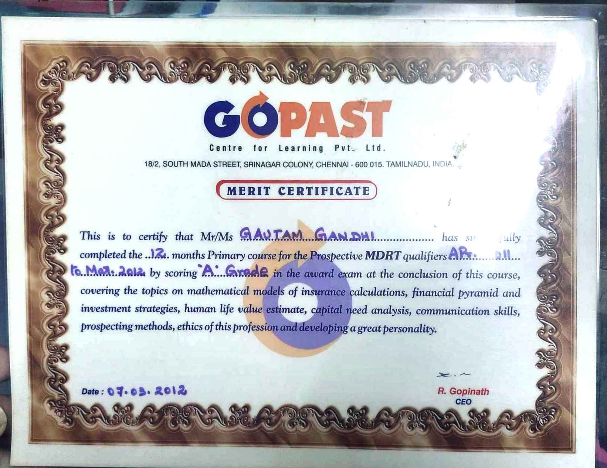 Merit certificate BY Mr R.GOPINATH