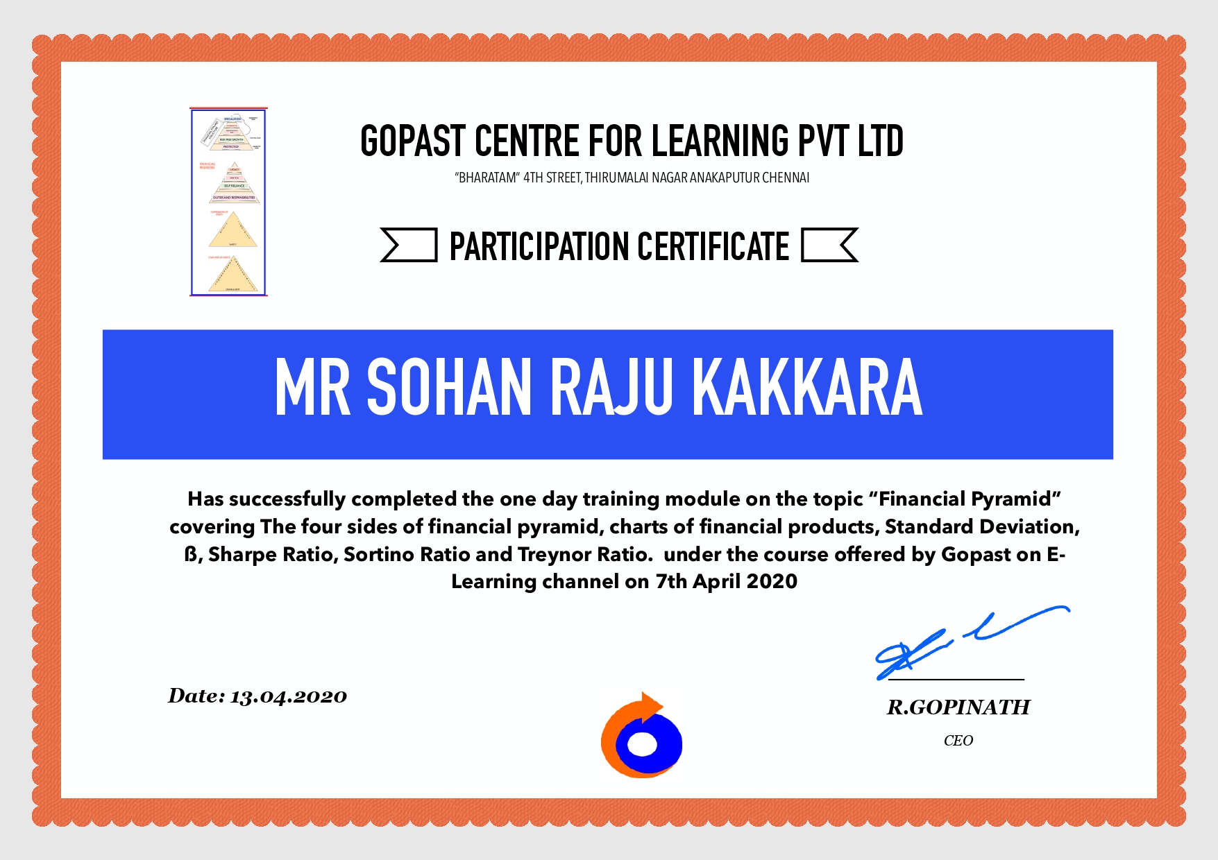 Certificate for “Financial Pyramid” 13th Module
