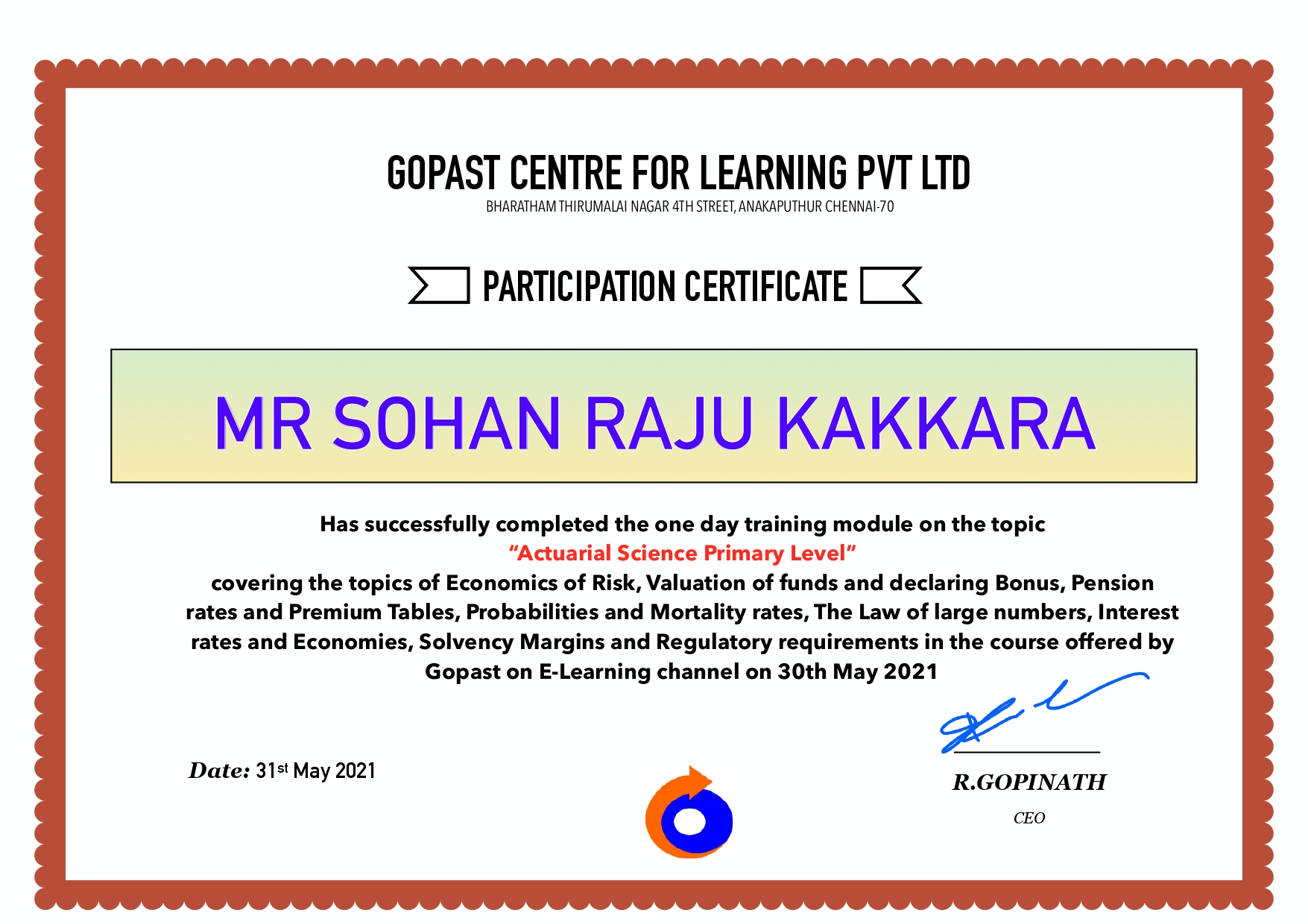 Certificate for Actuarial science 25th Module