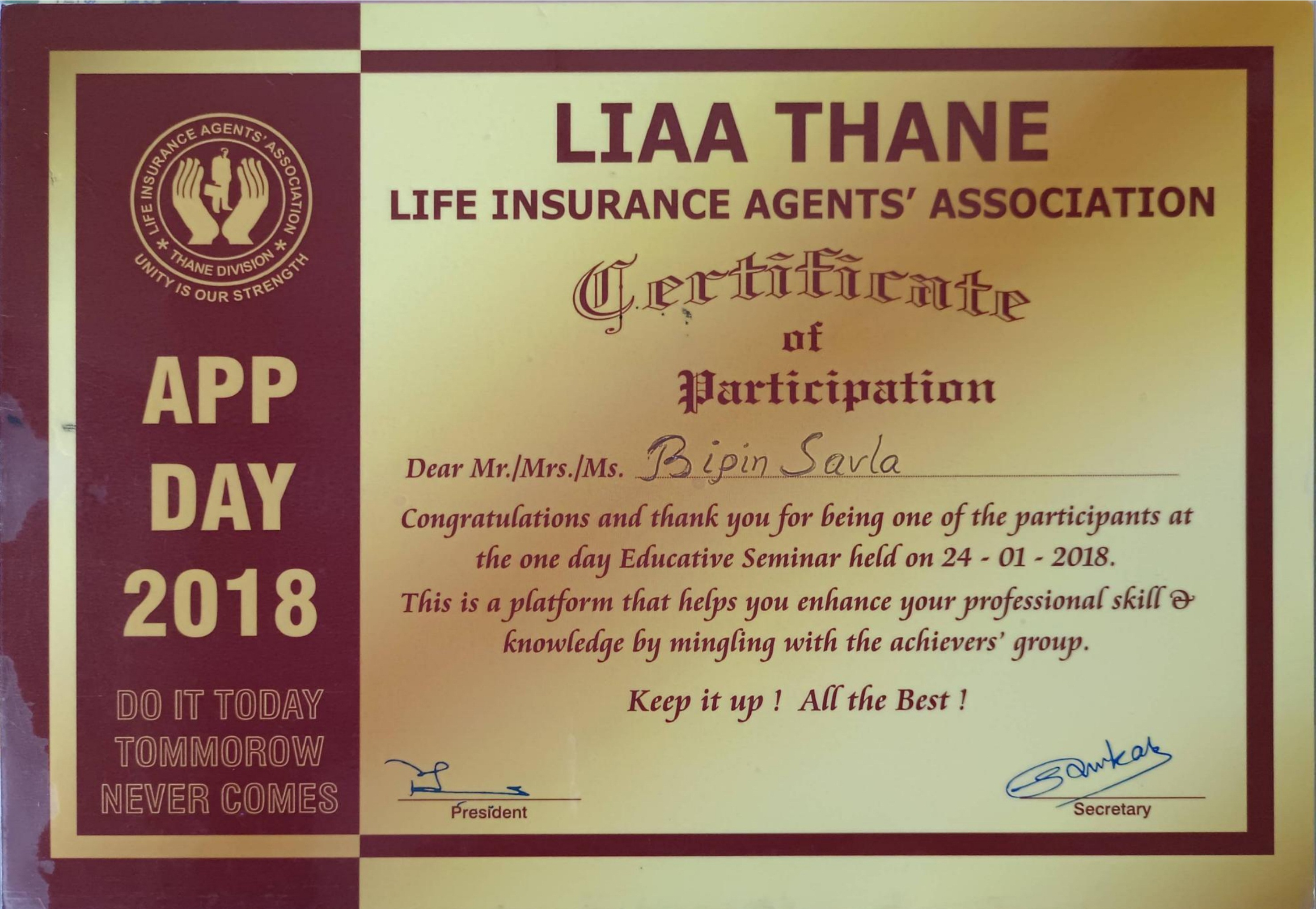 Certificate Of Life Insurance Agents Association