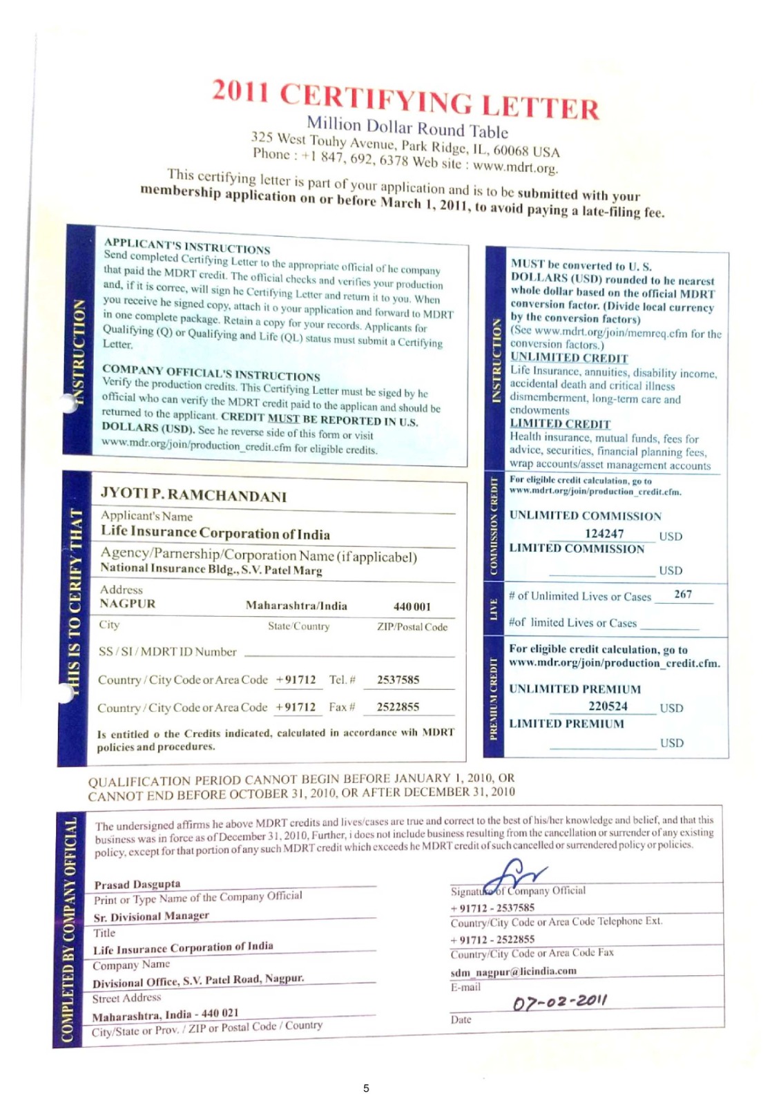 Certificate Of MDRT 2011
