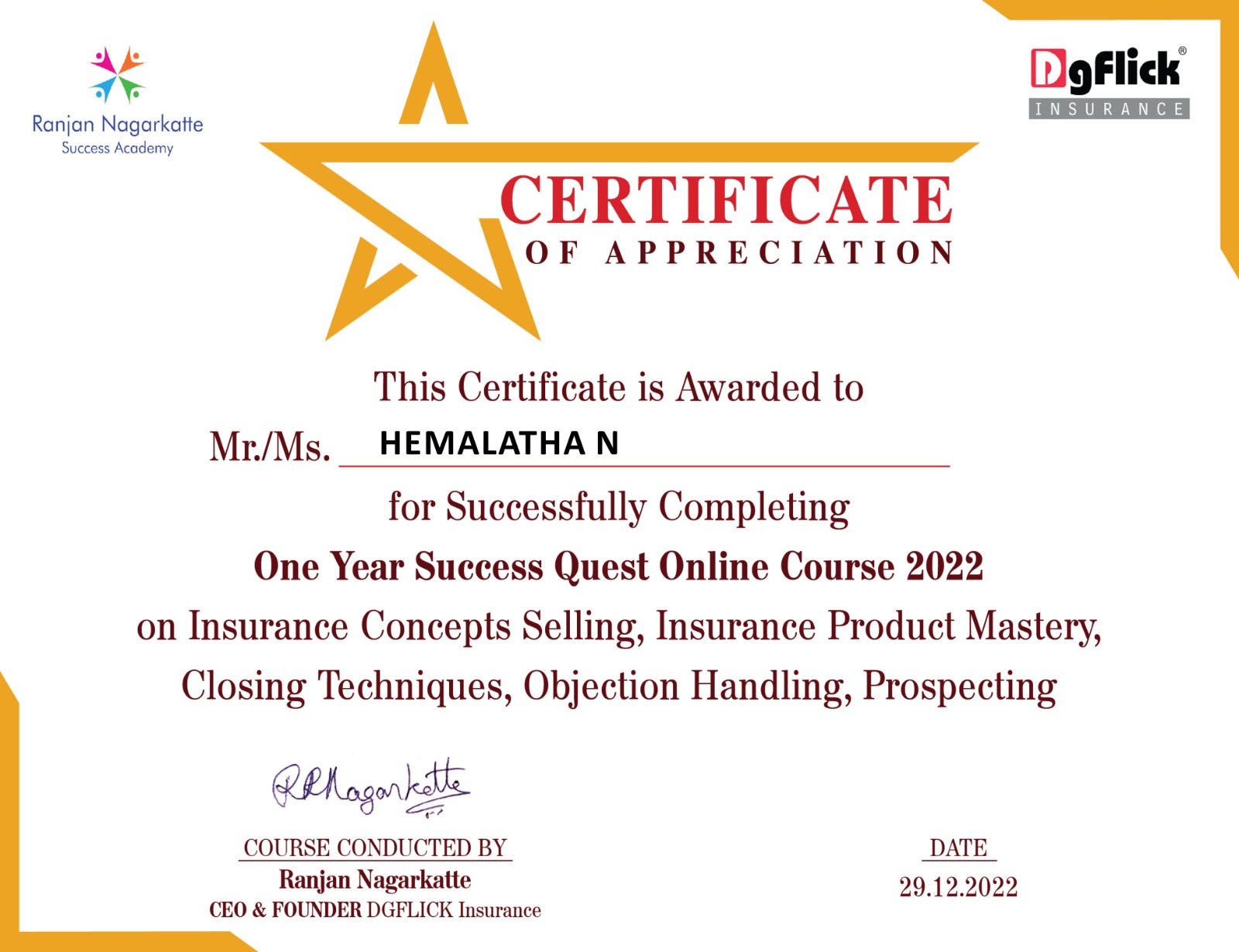 Certificate oF Success Quest Online Course 2022