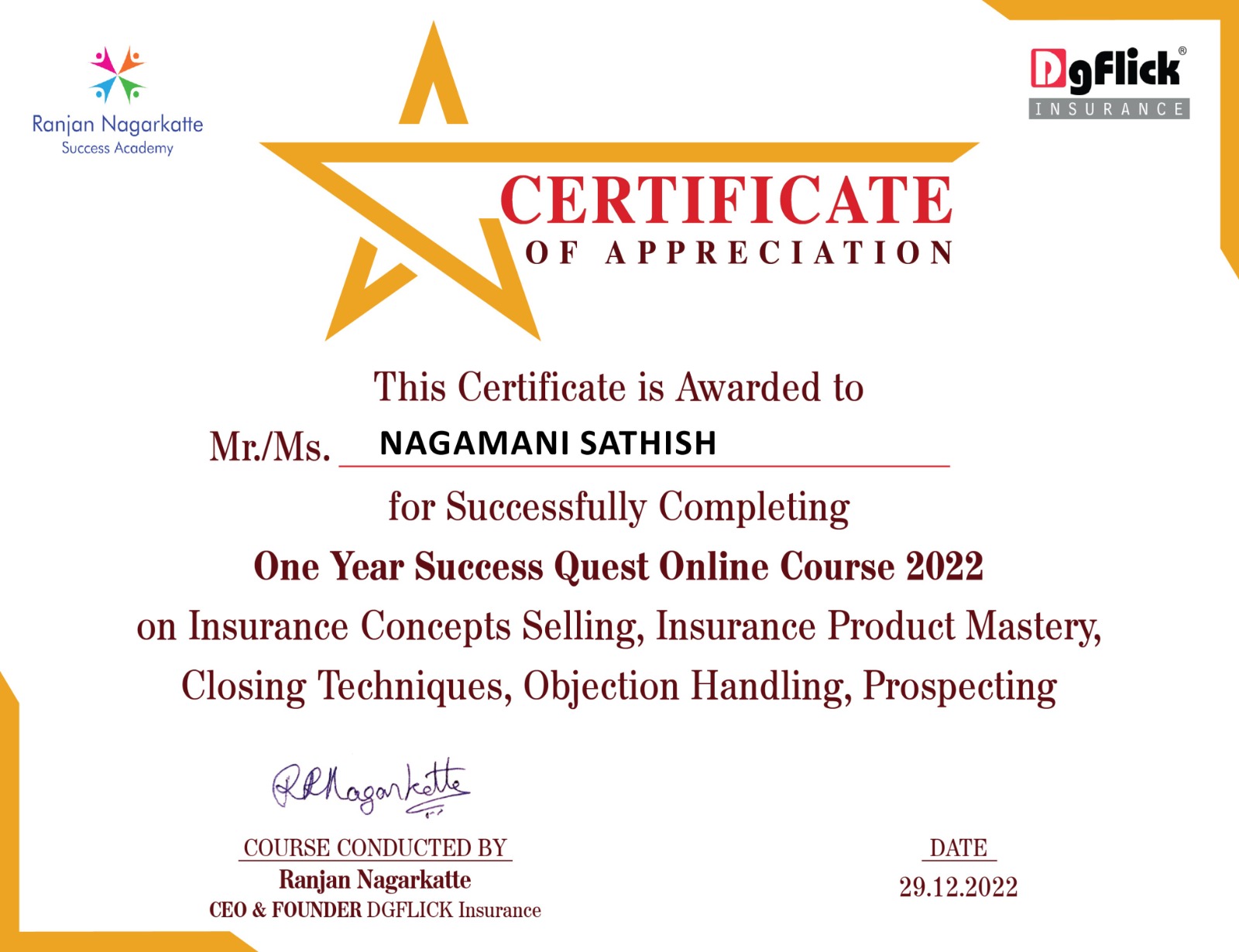 Certificate oF Success Quest Online Course 2022