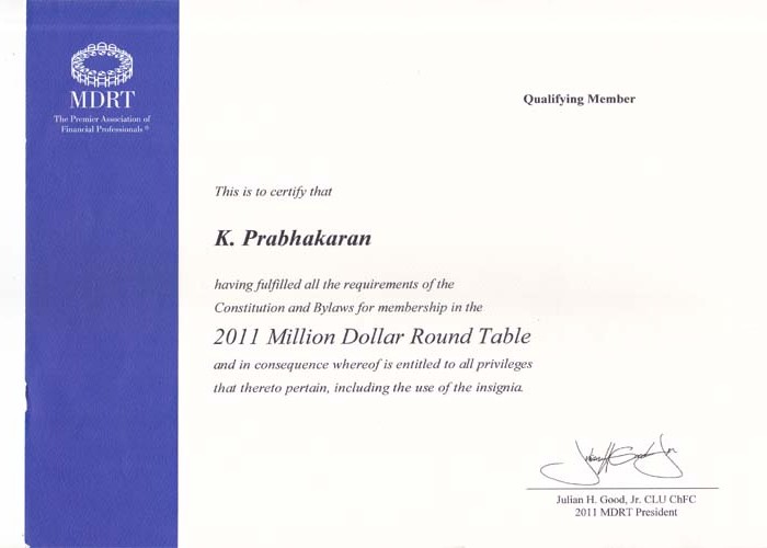 Certificate Of MDRT 2011
