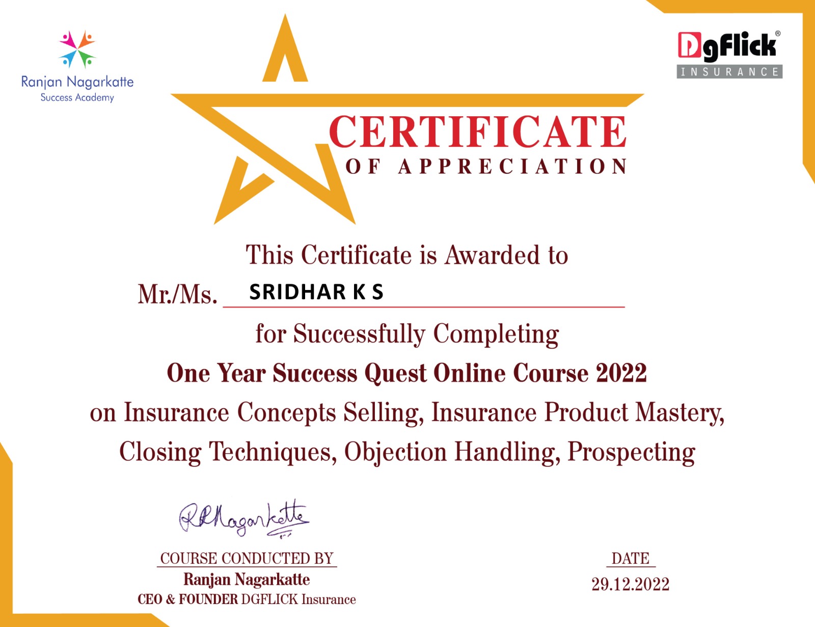 Certificate oF Success Quest Online Course 2022
