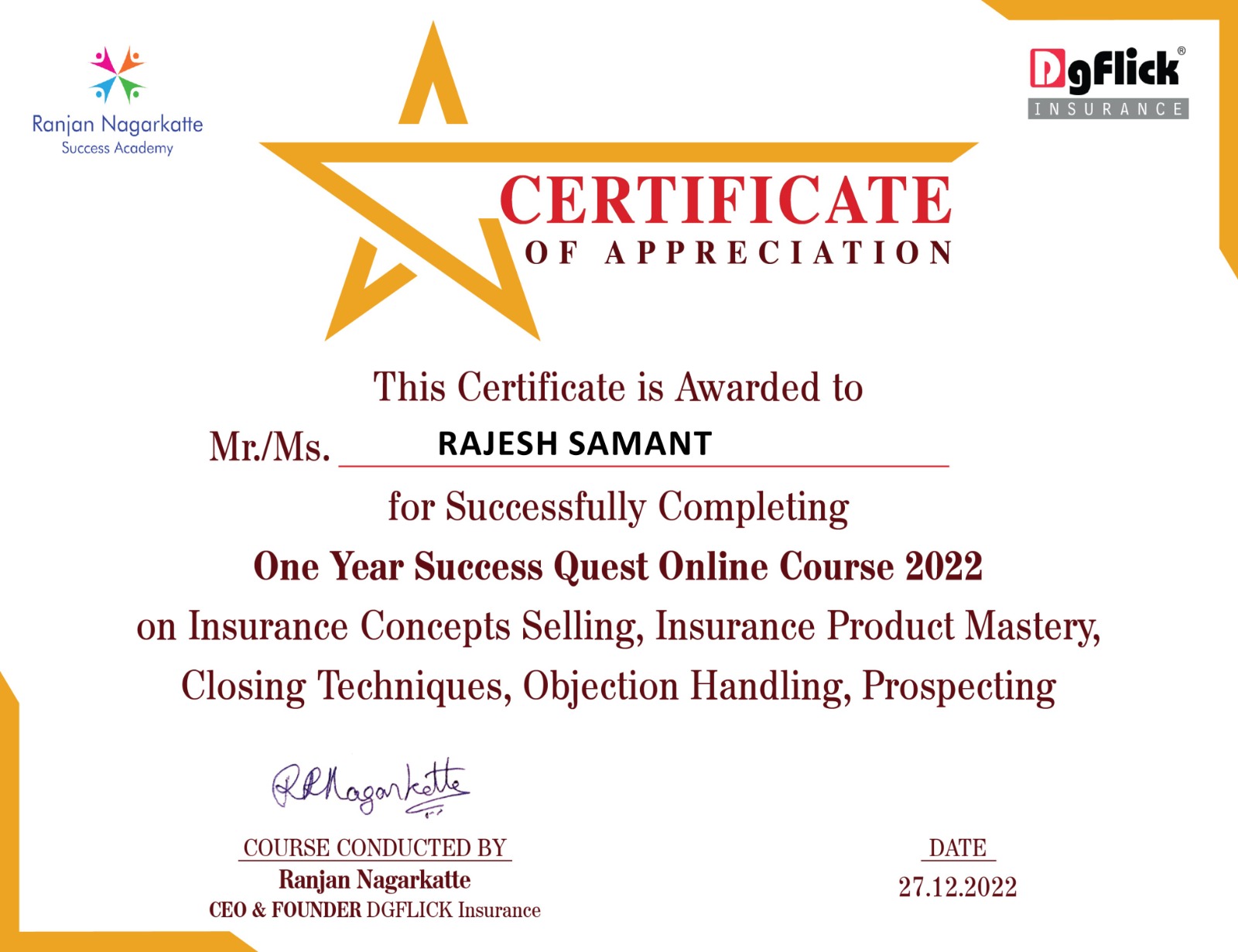 Certificate oF Success Quest Online Course 2022