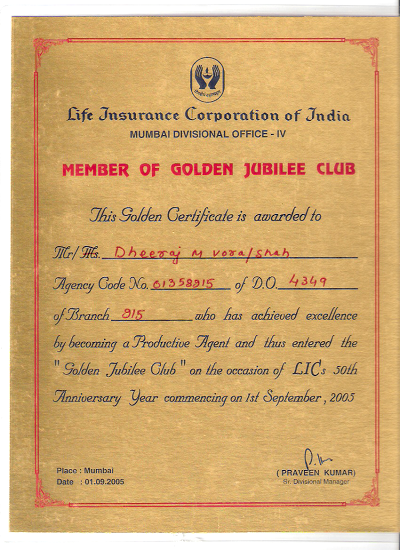 GOLDEN JUBILEE CERTIFICATE FROM SHRI PRAVIN KUMAR(SDM, MDO-IV)