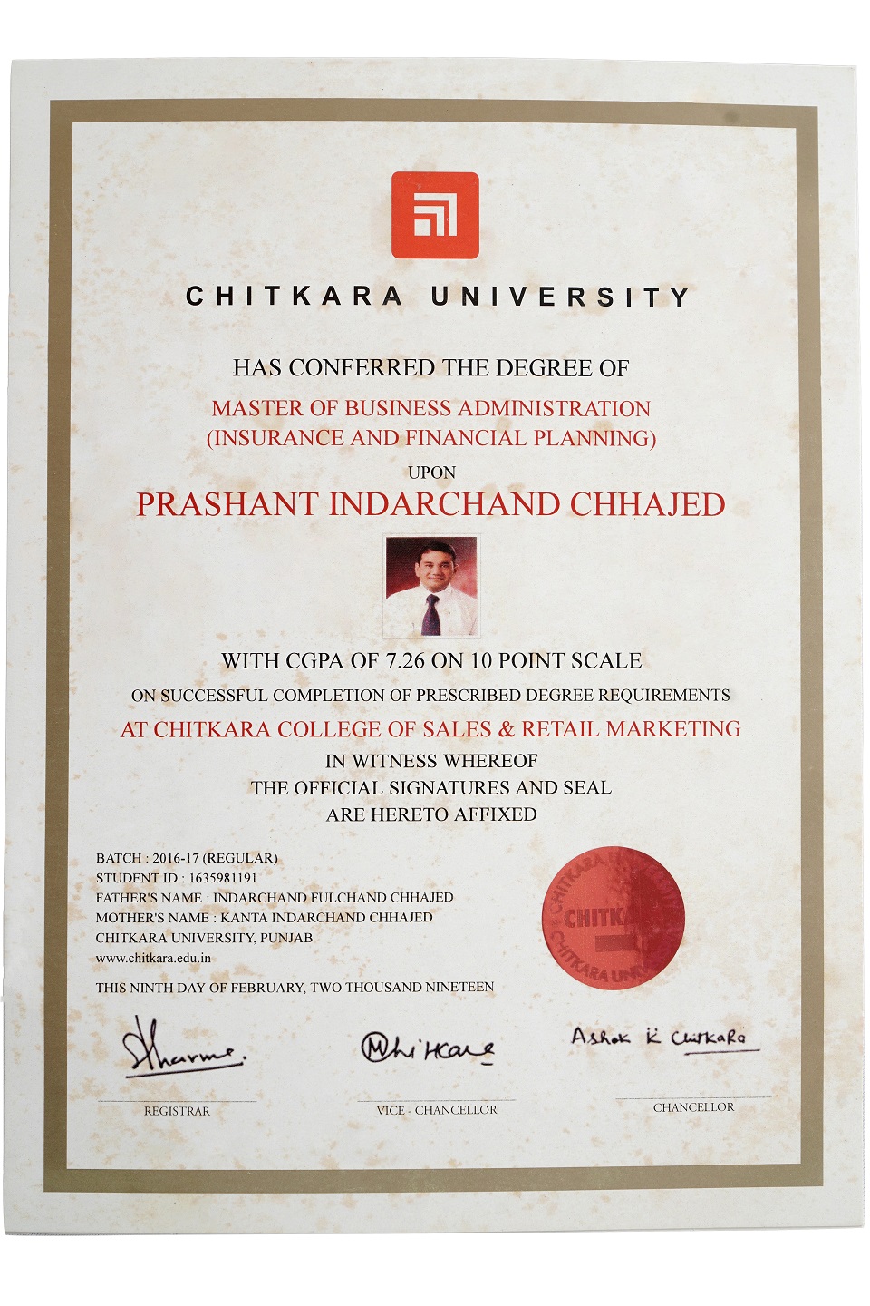 Chitkara University certificate