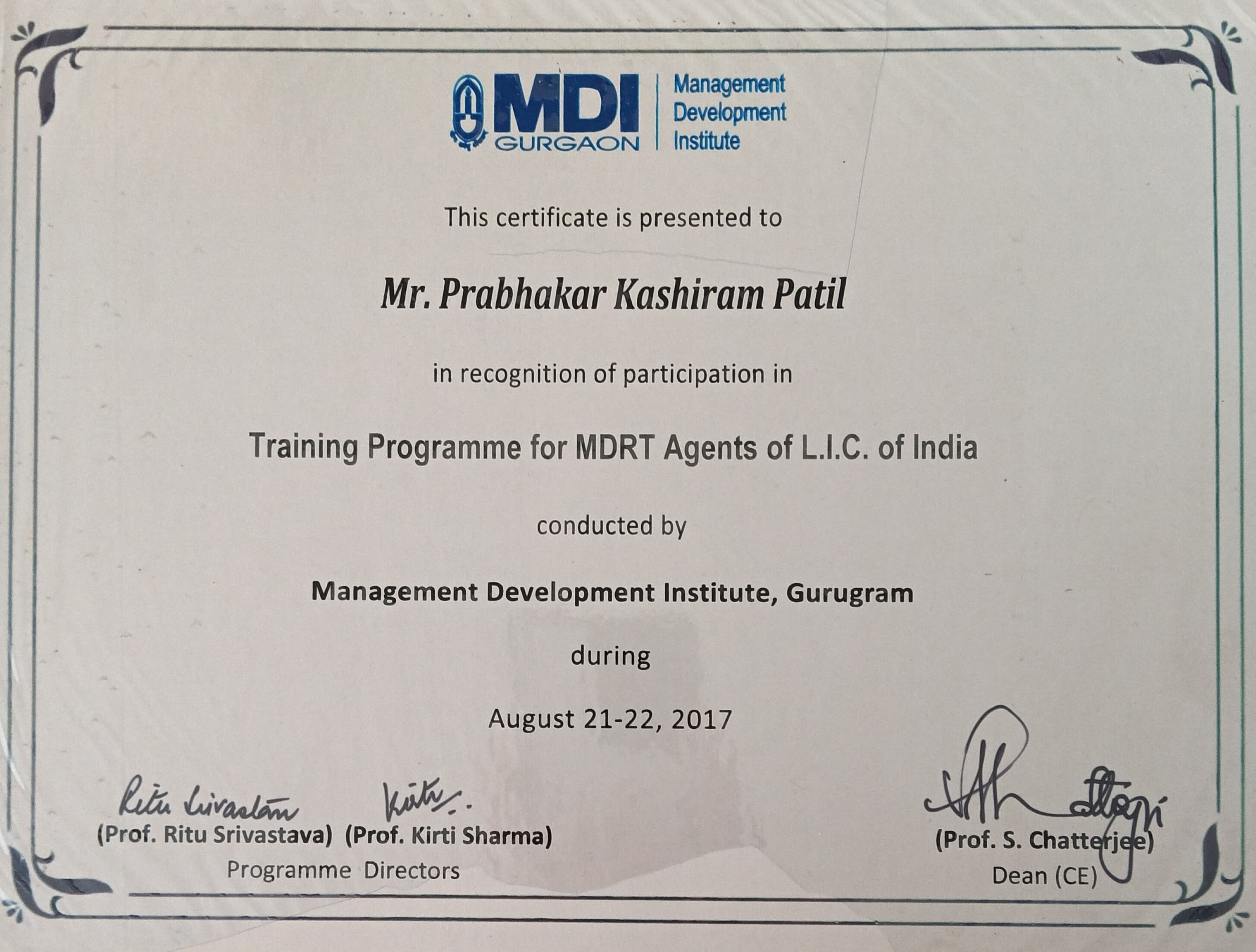 Certificate of Training Program for MDRT Agents of LIC of India