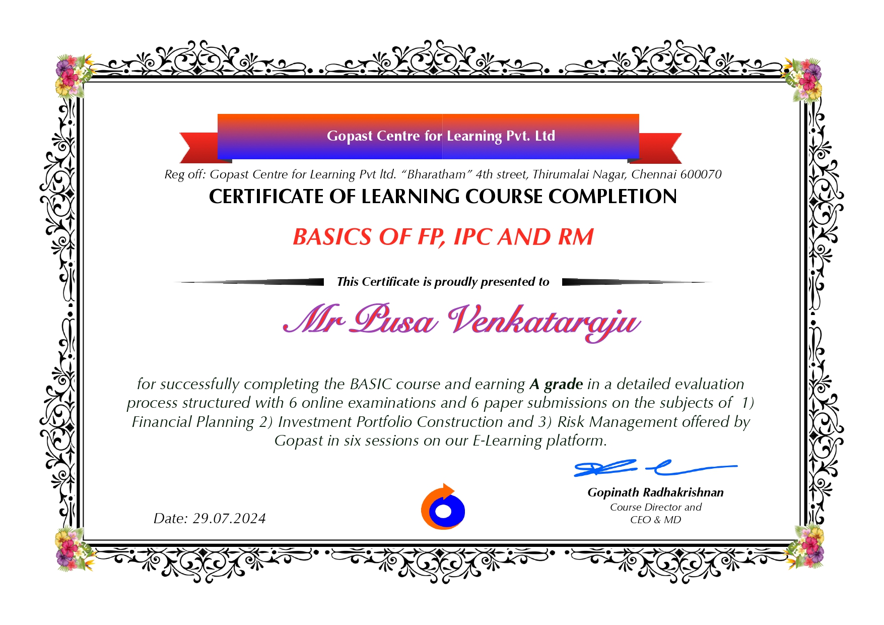 Certificates Of  Learning Course Completion