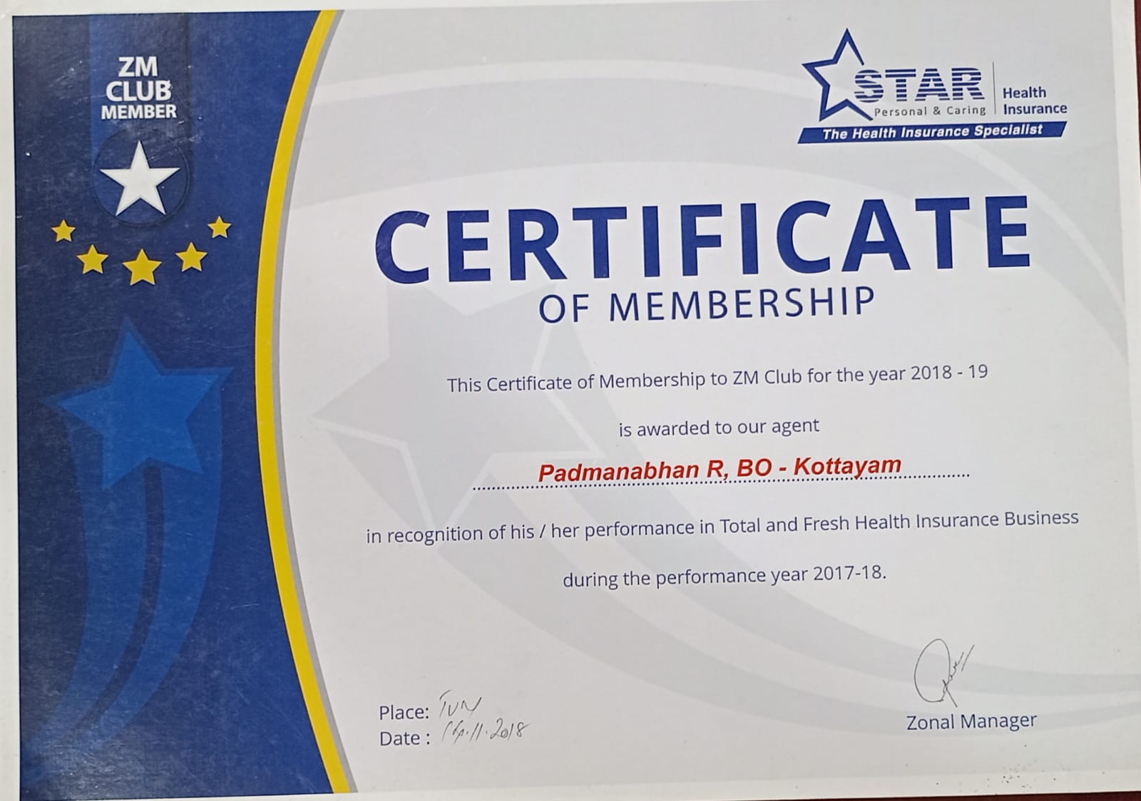 Certificate Of ZM Club 2018-19