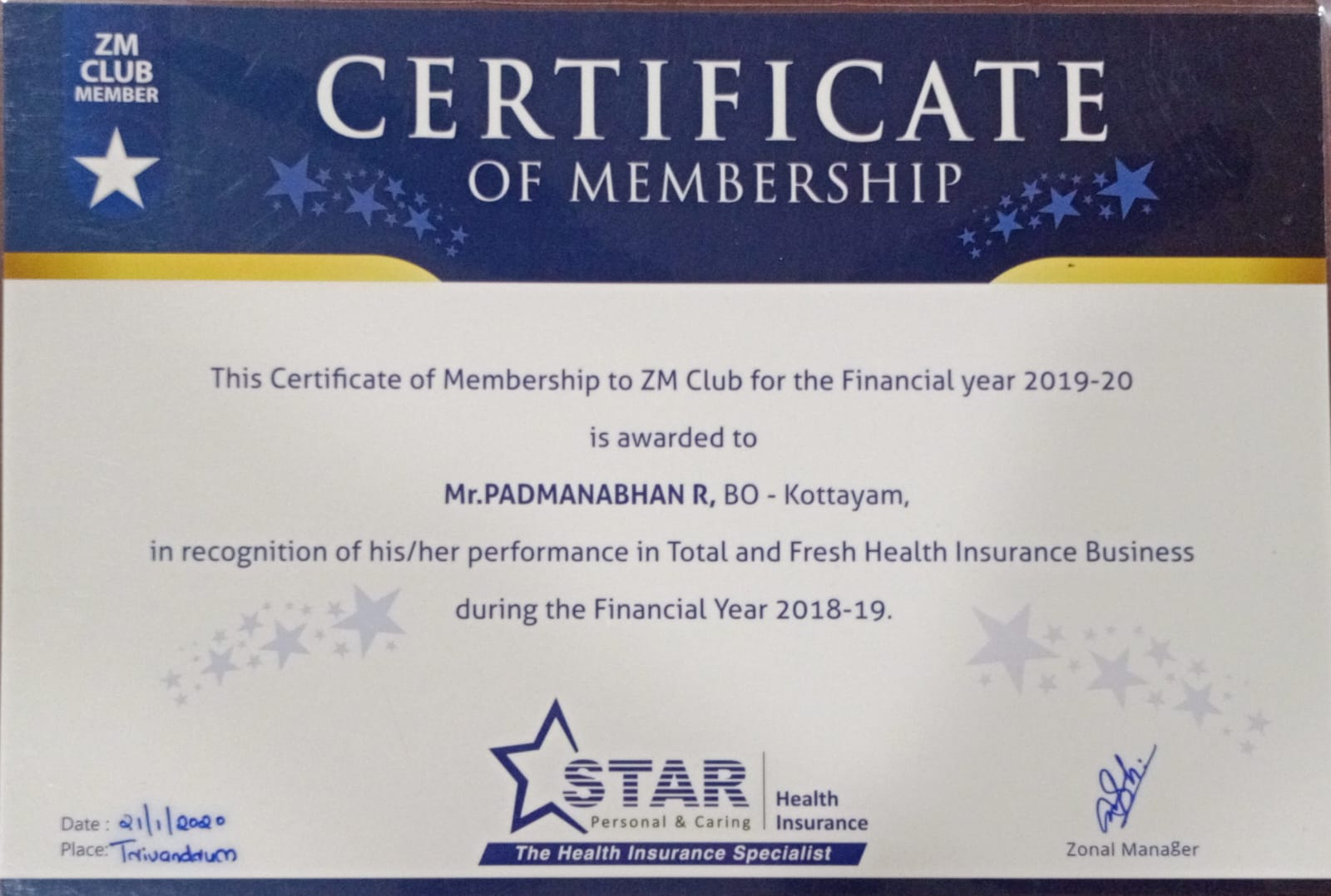 Certificate Of ZM Club 2019-20