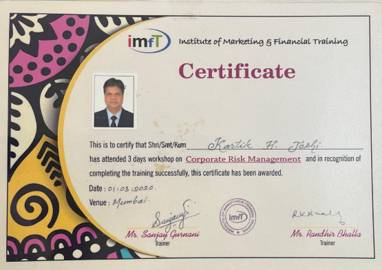 Certificate received for successfully completing workshop on Corporate Risk Management