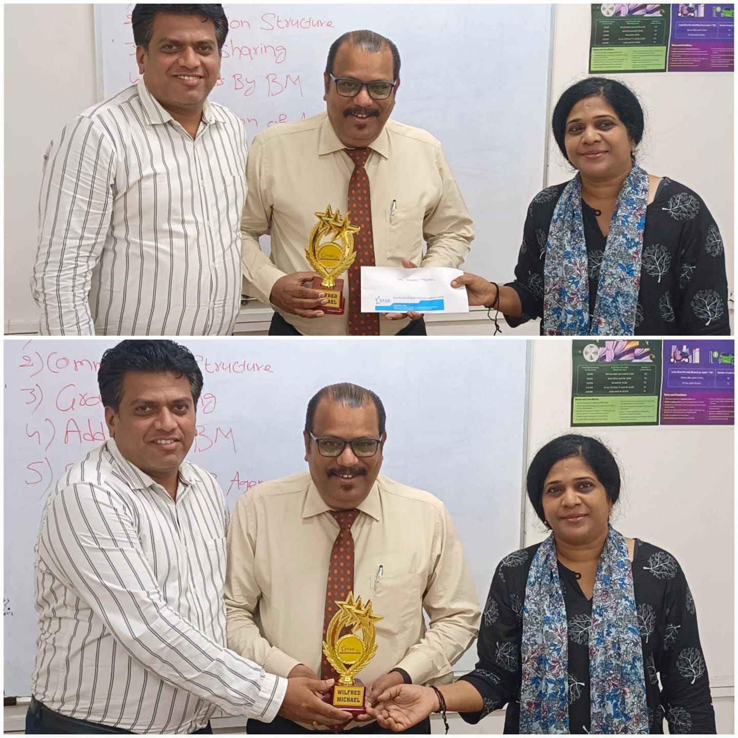Acknowledged by both the Branch Manager and Sales Manager for reaching BM club membership and showcasing exceptional performance in March 2024 at Star Health's Navi Mumbai Branch on April 19, 2024.
