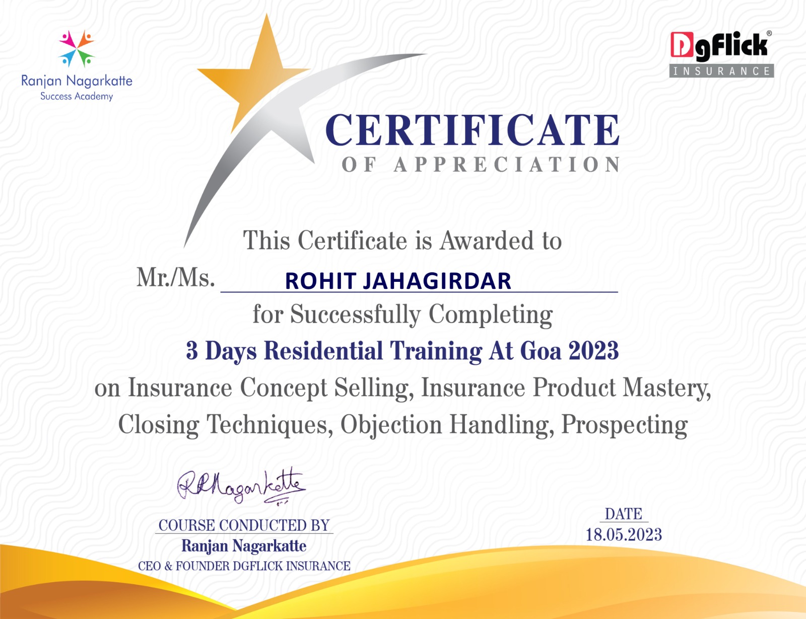 Certificate of 3 Days Residential Training at Goa 2023