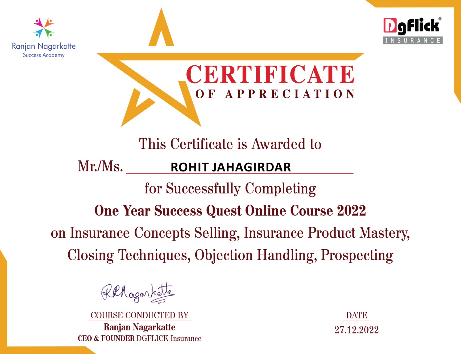 Certificate of One Year Success Quest Online Course 2022