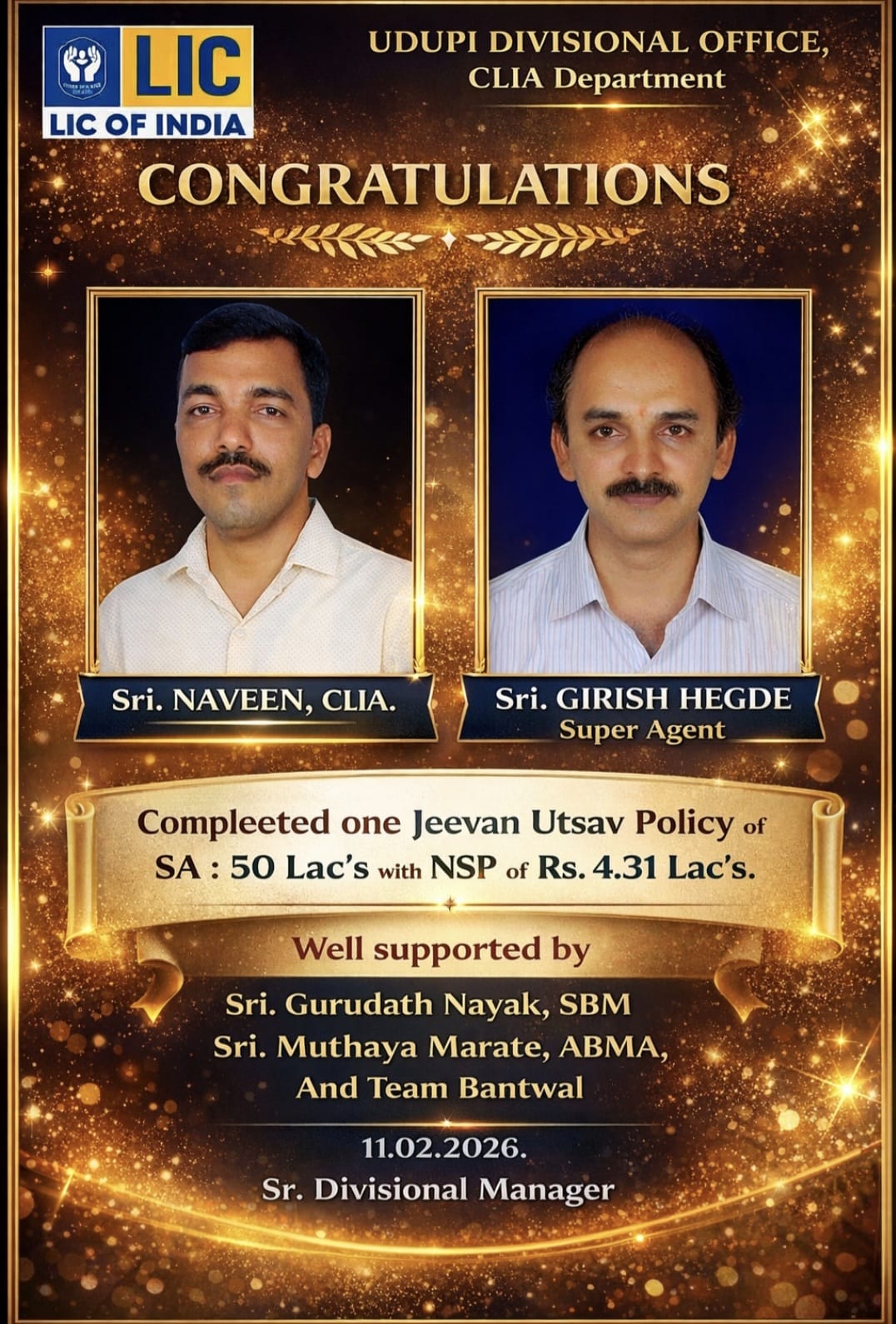 Completed one Jeevan Ustav Policy of SA :50Lac's With NSP of Rs. 4.31Lac's