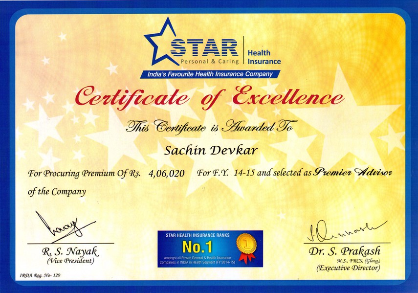 Certificate of Excellence by Star Health