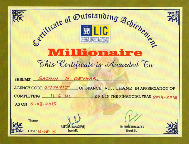 Certificate of Millionaire 2014 - 2015