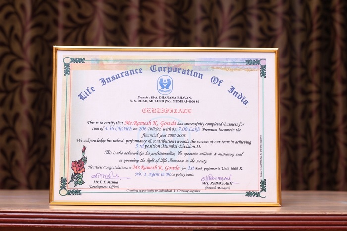 Certificate from LIC