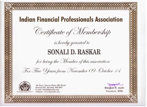 Certificate Of Membership (Indian Financial Professionals Association)